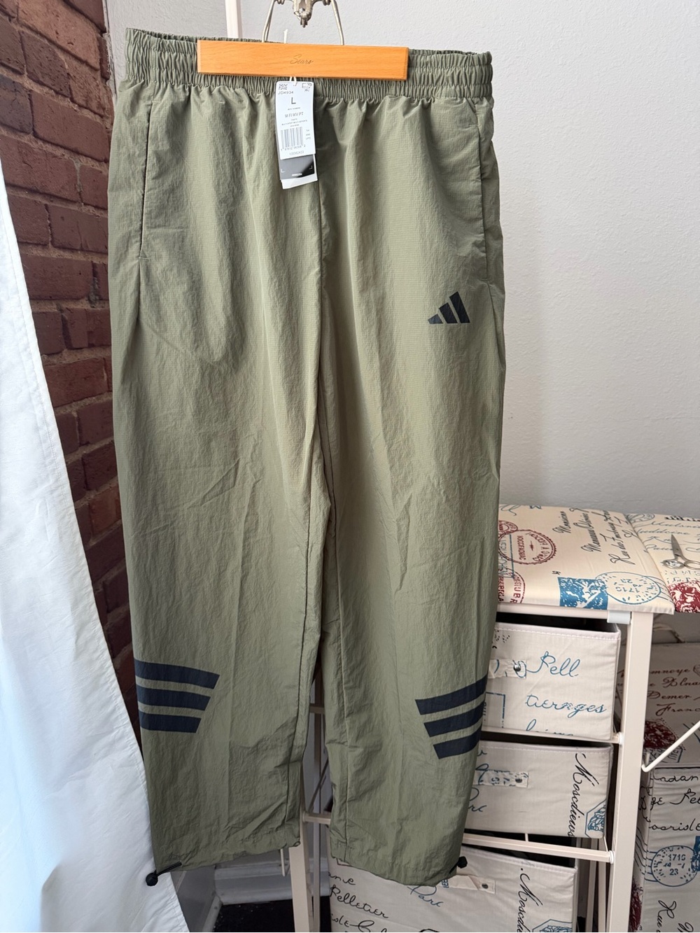 adidas Olive Green Men's Track Pants with Black Logo & Stripes